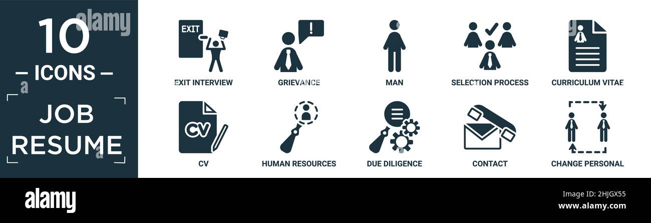 Gefüllte Job Lebenslauf Symbol gesetzt. Enthalten flache Ausfahrt Interview, Beschwerde, Mann, Auswahlprozess, Lebenslauf, lebenslauf, Personalwesen, Due Diligence, Forts Stock Vektor