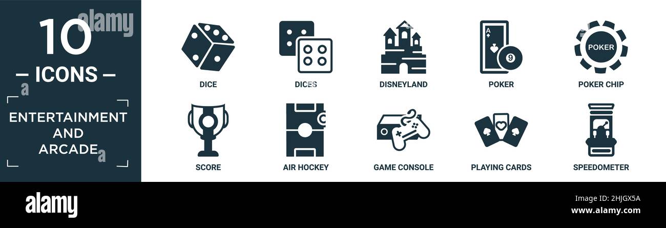 Gefüllte Unterhaltung und Arcade-Icon-Set. Enthalten flache Würfel, Würfel, disneyland, Poker, Poker-Chip, Score, Air Hockey, Spielkonsole, Spielkarten, spe Stock Vektor