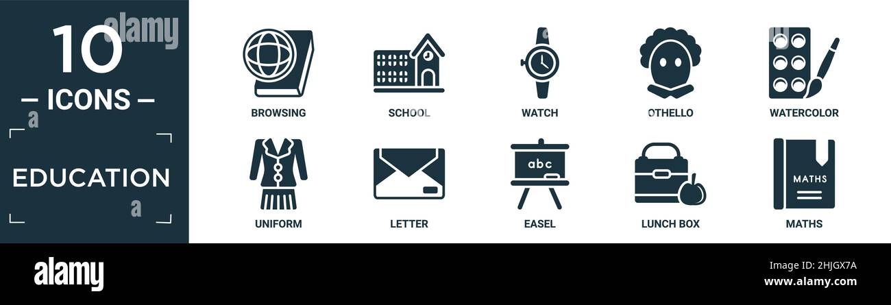 Gefüllte Bildung Symbol-Set. Enthalten Flatbrowsing, Schule, Uhr, othello, Aquarell, Uniform, Brief, Staffelei, Lunchbox, mathematische Symbole in editierbarer Form Stock Vektor
