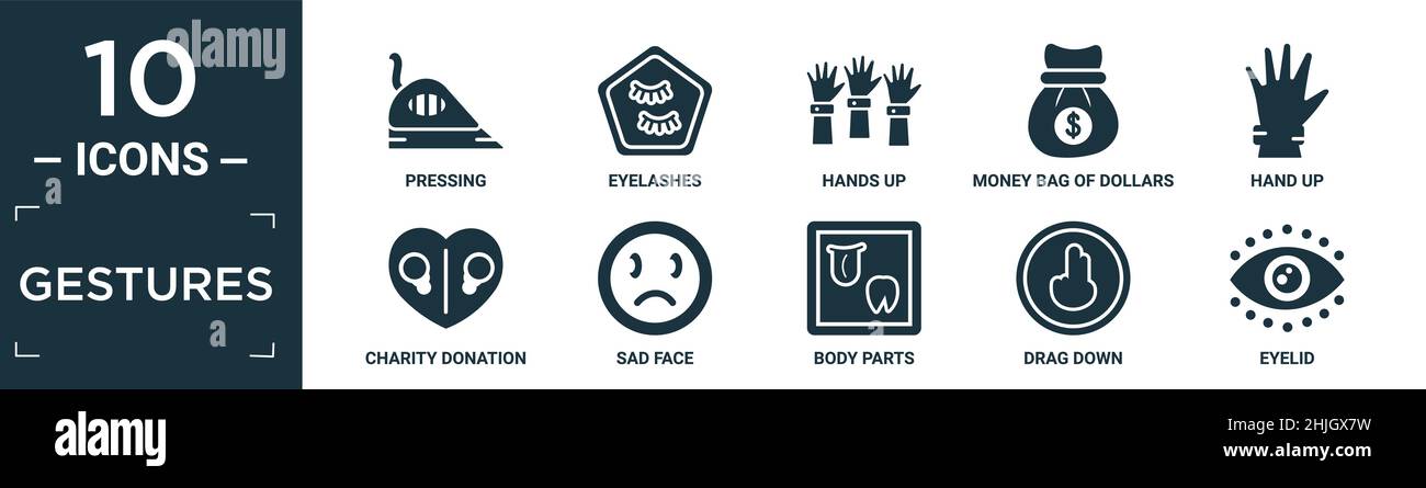 Gefüllte Gesten Icon Set. Enthalten flache drücken, Wimpern, Hände auf, Geldbeutel von Dollar, Hand-up, Wohltätigkeitsspenden, trauriges Gesicht, Körperteile, Nach unten ziehen Stock Vektor