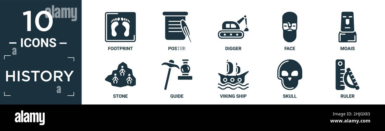Gefüllte Geschichte Symbol-Set. Enthalten flache Fußabdruck, Poster, Digger, Gesicht, Moais, Stein, Führer, wikingerschiff, Schädel, Lineal Symbole in editierbarem Format. Stock Vektor
