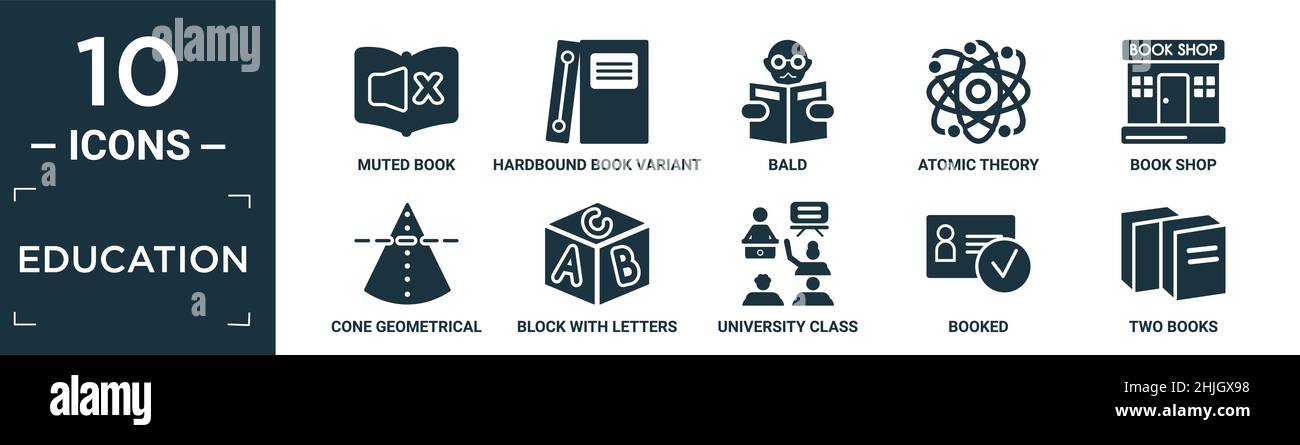 Gefüllte Bildung Symbol-Set. Enthalten flache gedämpfte Buch, gebunden Buchvariante, Glatze, Atomtheorie, Buchladen, Kegel geometrisch, Block mit Buchstaben, Univ Stock Vektor