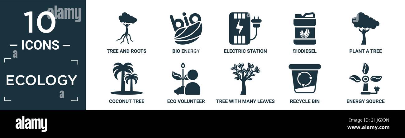 Gefüllte Ökologie Icon Set. Enthalten flachen Baum und Wurzeln, Bio-Energie, Elektrostation, Biodiesel, Pflanzen einen Baum, Kokosnussbaum, Öko Freiwilliger, mit vielen le Stock Vektor