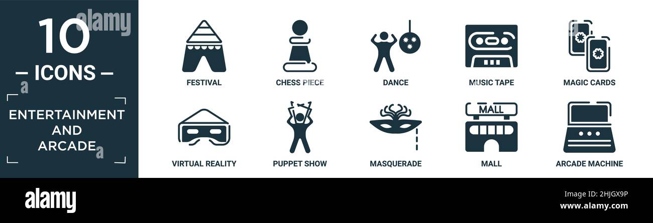 Gefüllte Unterhaltung und Arcade-Symbol-Set. Enthalten flache Festival, Schach Stück, Tanz, Musikband, magische Karten, Virtual-Reality-Brille, Puppentheater, ma Stock Vektor