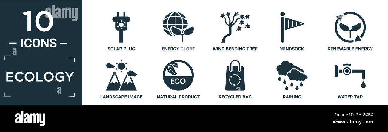 Gefülltes Ökologie Icon Set. Enthalten flachen Solarstecker, Energiekugel, Wind biegen Baum, Windsack, erneuerbare Energie, Landschaftsbild, Naturprodukt, recyc Stock Vektor