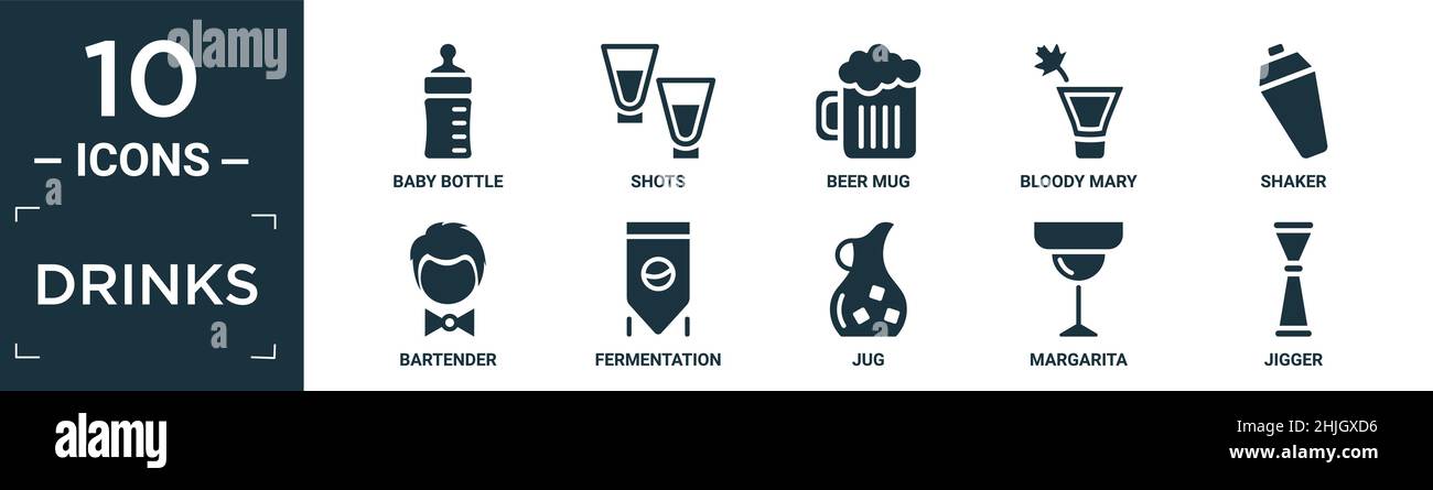 Gefüllte Getränke Icon-Set. Enthalten flache Babyflasche, Schüsse, Bierkrug, Bloody mary, Shaker, Barkeeper, Gärung, Krug, margarita, Jigger Icons in edita Stock Vektor