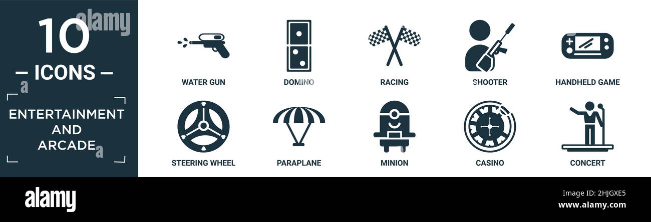 Gefüllte Unterhaltung und Arcade-Symbol-Set. Enthalten flache Wasserpistole, Domino, Rennen, Shooter, Handheld-Spiel, Lenkrad, Paraplane, Minion, Casino, c Stock Vektor