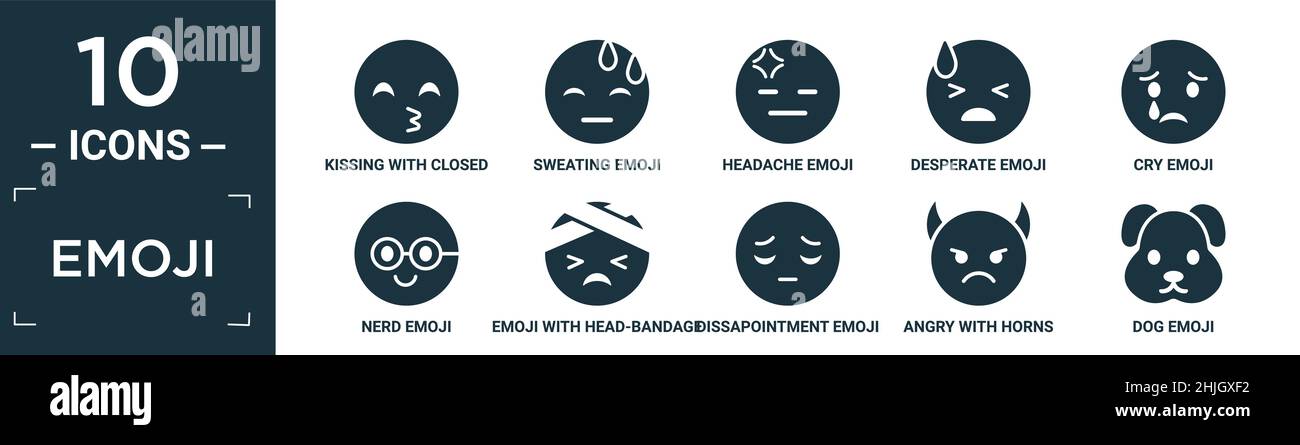 Gefülltes Emoji-Icon-Set. Enthalten flach küssen mit geschlossenen Augen Emoji, schwitzen Emoji, Kopfschmerzen verzweifelten Schrei Nerd mit Kopf-Verband enttäuschen Salbe wütend Stock Vektor