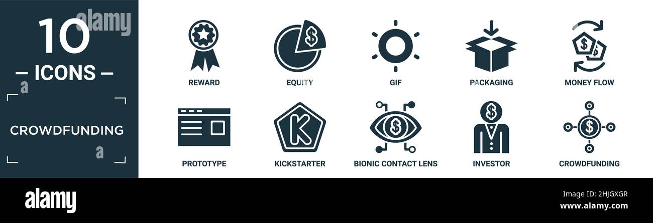 Gefülltes Crowdfunding Icon Set. Enthalten flache Belohnung, Eigenkapital, gif, Verpackung, Geldfluss, Prototyp, Kickstarter, bionische Kontaktlinse, Investor, Crowdfun Stock Vektor