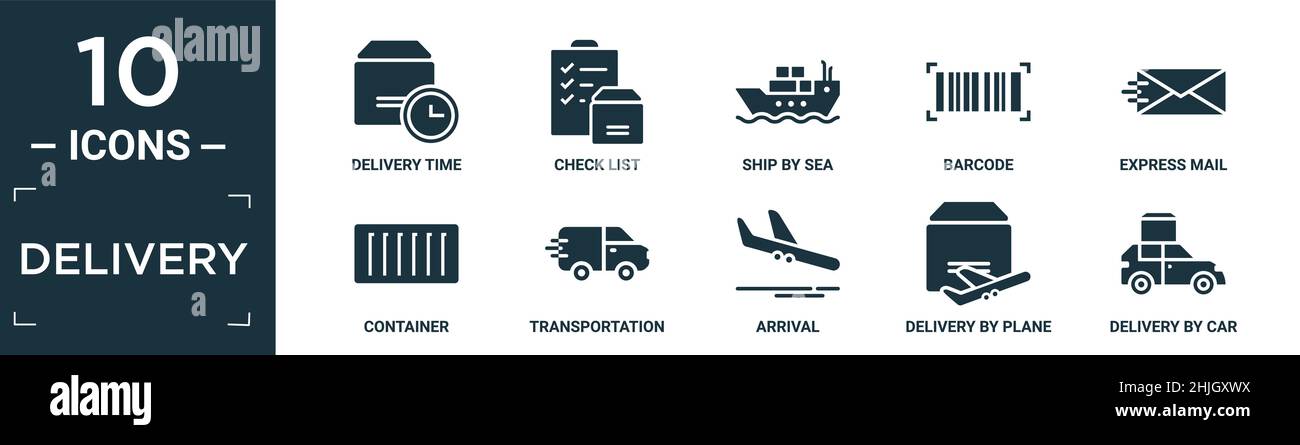 Gefüllte Lieferung Icon Set. Enthalten flache Lieferzeit, Checkliste, Schiff auf dem Seeweg, Barcode, Express-Mail, Container, Transport, Ankunft, Lieferung durch Stock Vektor