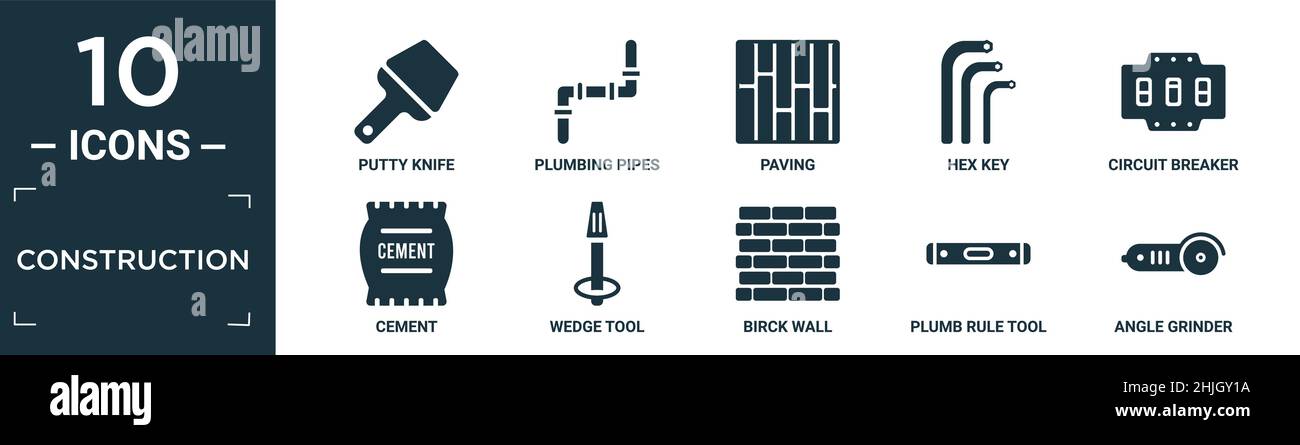 Gefüllte Konstruktion Icon-Set. Enthalten flache Kitt Messer, Sanitär-Rohre, Pflaster, Sechskantschlüssel, Leistungsschalter, Zement, Keil Werkzeug, birck Wand, plumb Regel t Stock Vektor
