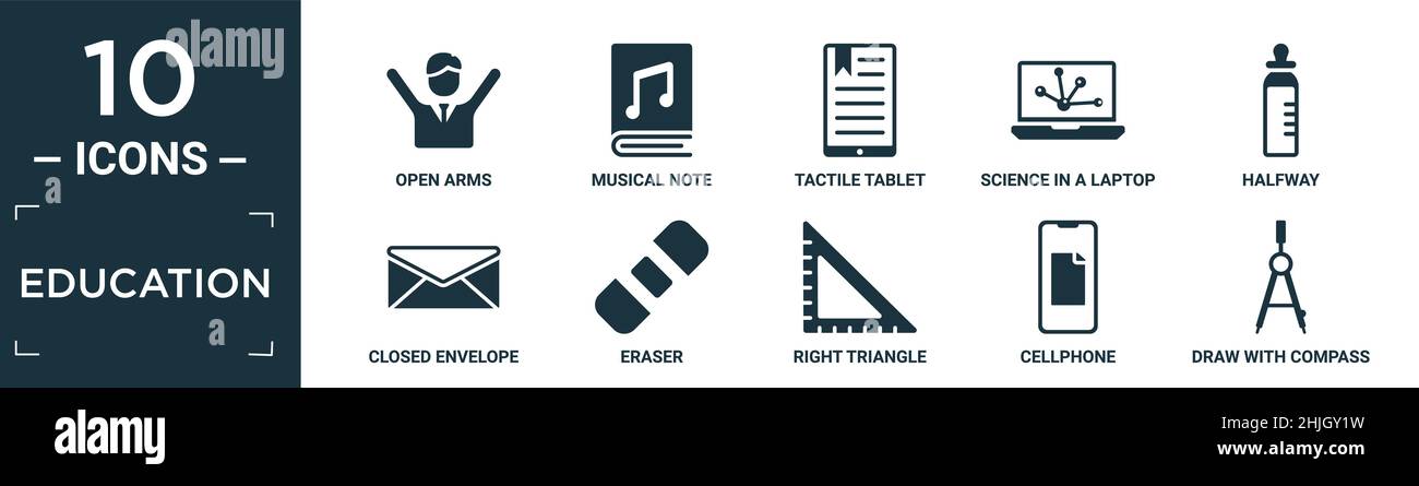 Gefülltes Education Icon Set. Enthalten flache offene Arme, Musiknote, taktiles Tablet, Wissenschaft in einem Laptop, halbwegs, geschlossener Umschlag, Radierer, rechtes Dreieck Stock Vektor