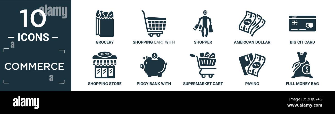 Gefüllte Kommerz Icon Set. Enthalten flache Lebensmittel, Warenkorb mit Grills, Shopper, american Dollar, große Cit-Karte, Sparschwein mit Koi Stock Vektor