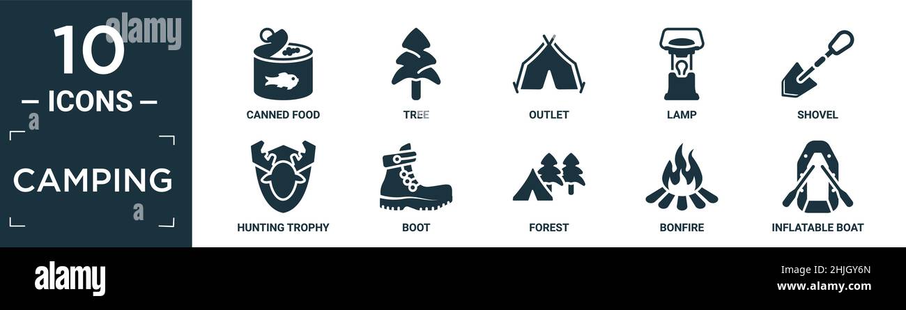 Gefülltes Camping Icon Set. Enthalten flache Konserven, Baum, Steckdose, Lampe, Schaufel, Jagdtrophäe, Stiefel, Wald, Lagerfeuer, aufblasbare Boot-Ikonen in editabl Stock Vektor
