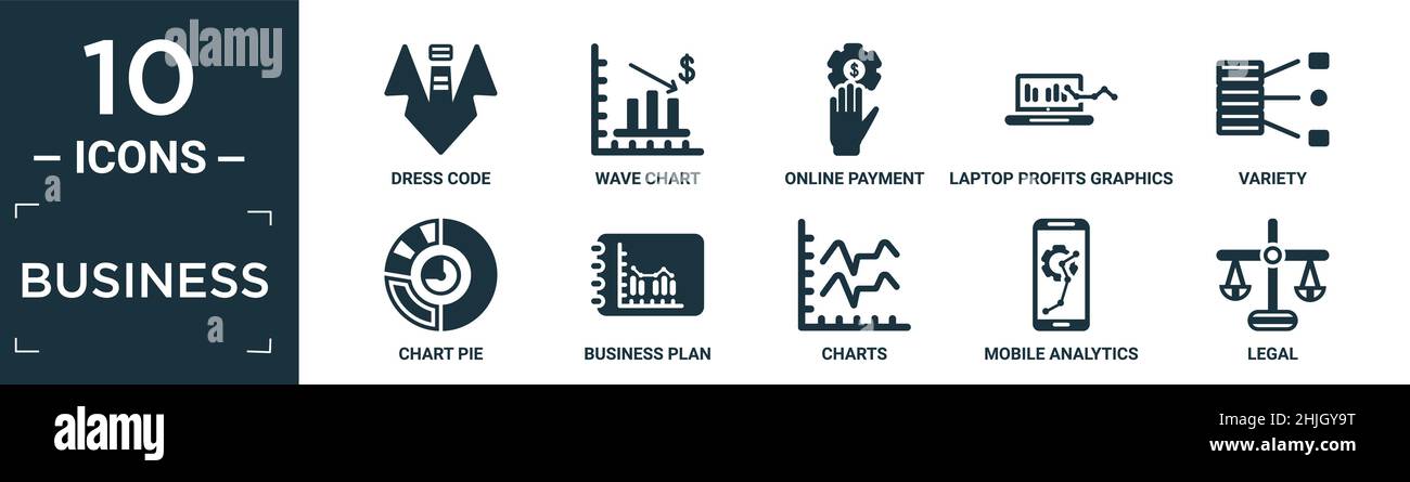 Gefüllte Business Icon Set. Enthalten flache Kleiderordnung, Wellendiagramm, Online-Zahlung, Laptop Gewinne Grafiken, Vielfalt, Chart Pie, Businessplan, Charts, Mob Stock Vektor