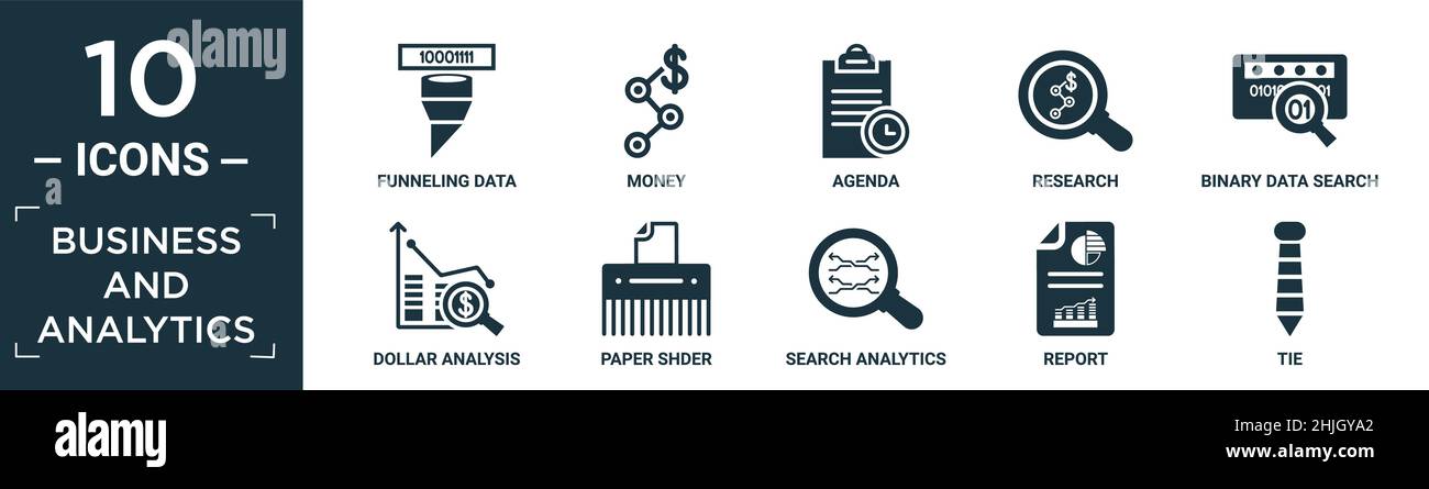 Gefüllte Geschäfts-und Analyse-Icon-Set. Enthalten flache Vortriebsdaten, Geld, Agenda, Forschung, binäre Datensuche, Dollar-Analyse-Balken, Papier-Shder, s Stock Vektor