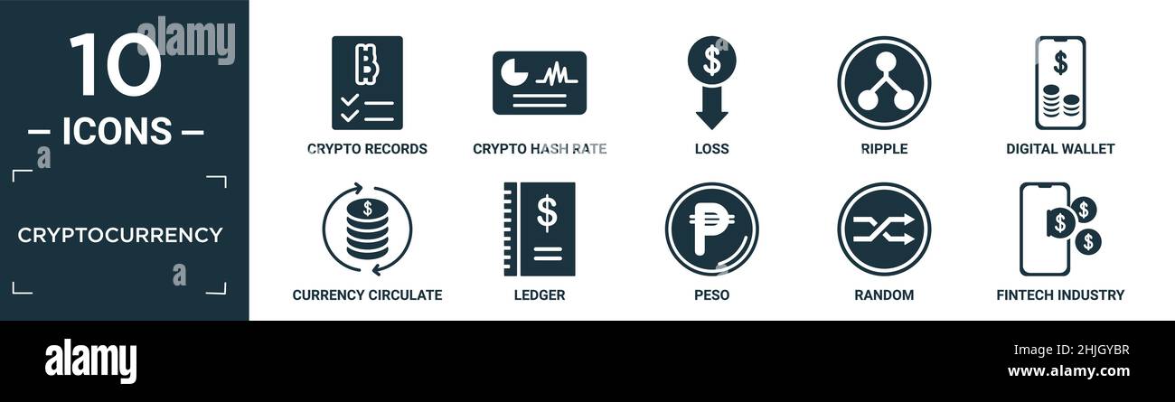 Gefüllter Kryptowährungs-Icon-Satz. Enthalten flache Krypto-Datensätze, Krypto-Hash-Rate, Verlust, Welligkeit, digitale Brieftasche, Currency circulate, Ledger, Peso, random, Stock Vektor