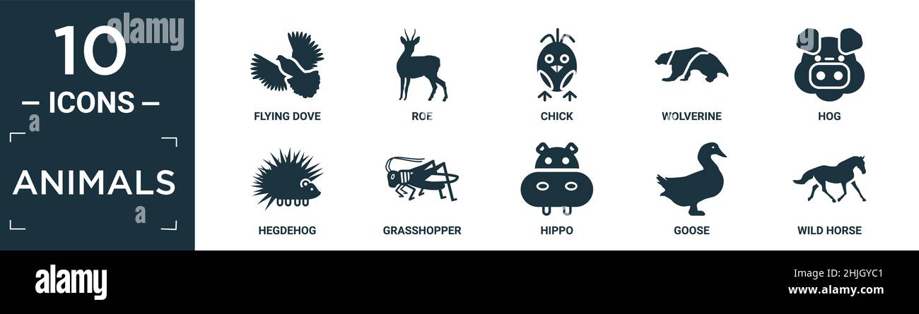 Gefüllte Tiere Icon Set. Enthalten flach fliegende Taube, Rogen, Küken, Vielfraß, Schwein, Symbole für Hedgehog, Heuschrecke, Nilpferd, Gans, Wildpferde in bearbeitbarer Form Stock Vektor