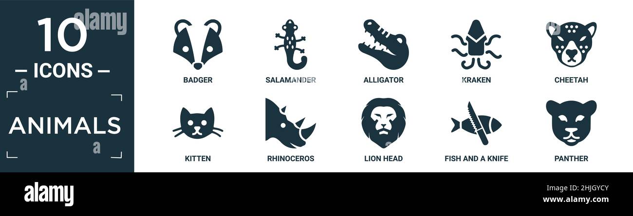 Gefüllte Tiere Icon-Set. Enthalten flachen Dachs, Salamander, Alligator, kraken, Gepard, Kätzchen, Nashorn, Löwenkopf, Fisch und ein Messer, Panther-Ikonen i Stock Vektor
