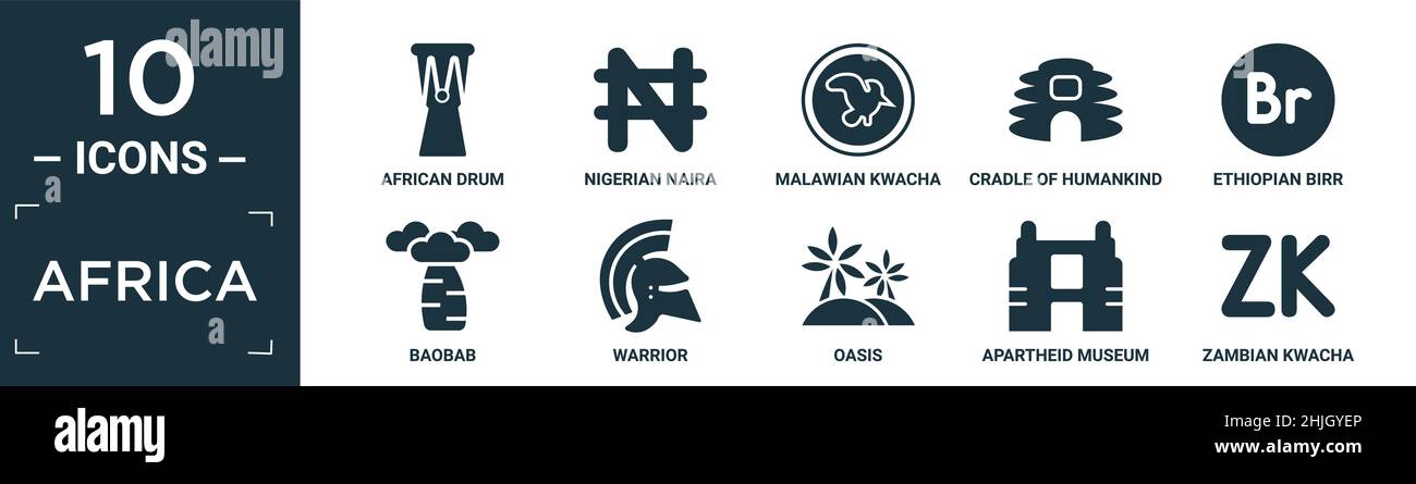 Gefülltes afrika-Icon-Set. Enthalten flache afrikanische Trommel, nigrische Naira, malawische Kwacha, Wiege der Menschheit, äthiopischer Birr, baobab, Krieger, Oase, auseinander Stock Vektor
