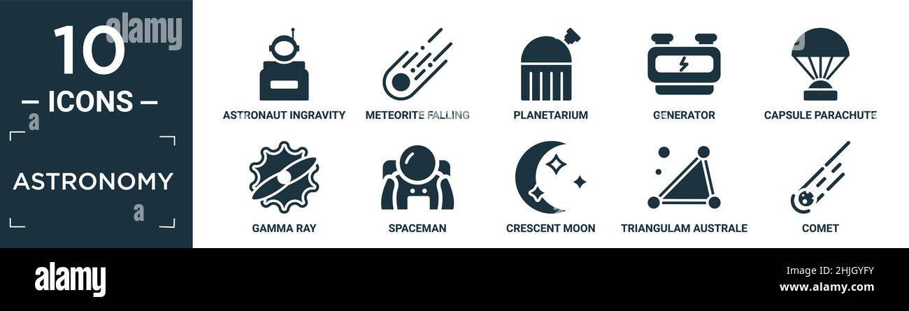 Gefülltes Astronomie-Icon-Set. Enthalten flache Astronaut Ingravitation, Meteorit fallen, Planetarium, Generator, Kapsel Fallschirm, Gammastrahlen, Raumfahrer, Cresce Stock Vektor
