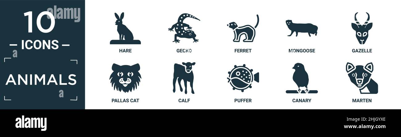Gefüllte Tiere Icon-Set. Enthalten flachen Hasen, Gecko, Frettchen, Mungo, Gazelle, pallas-Symbole für Katze, Kalb, Kugelfisch, kanarienvögel, Marder in bearbeitbarem Format. Stock Vektor