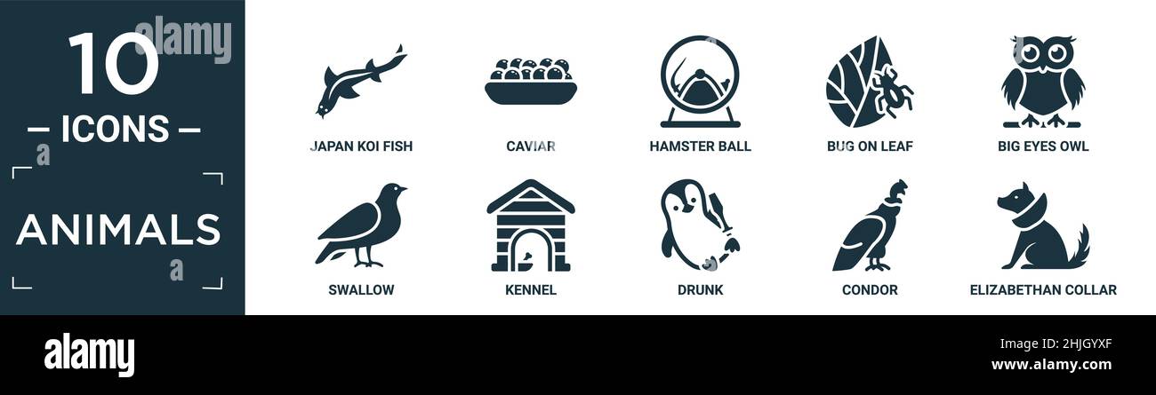 Gefüllte Tiere Icon Set. Enthalten flache japan Koi Fisch, Kaviar, Hamsterball, Käfer auf Blatt, große Augen Eule, Schlucken, Zwinger, betrunken, Kondor, elisabethanische kol Stock Vektor