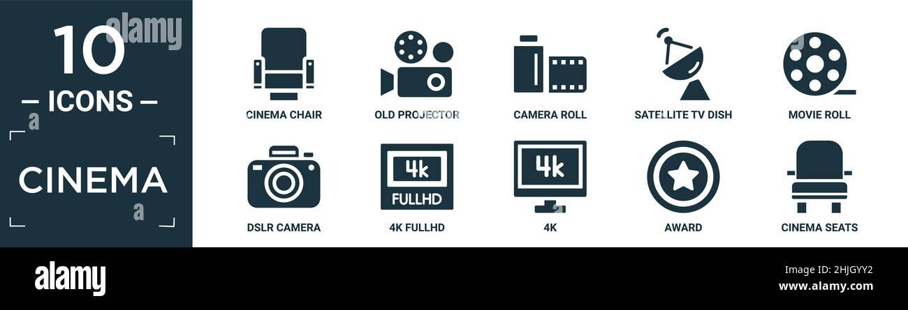Filled Cinema Icon Set. Enthalten flachen Kinostuhl, alten Projektor, Kamerarolle, Sat-tv-Schale, Filmrolle, dslr-Kamera, 4K fullhd, 4K, Auszeichnung, Cinem Stock Vektor