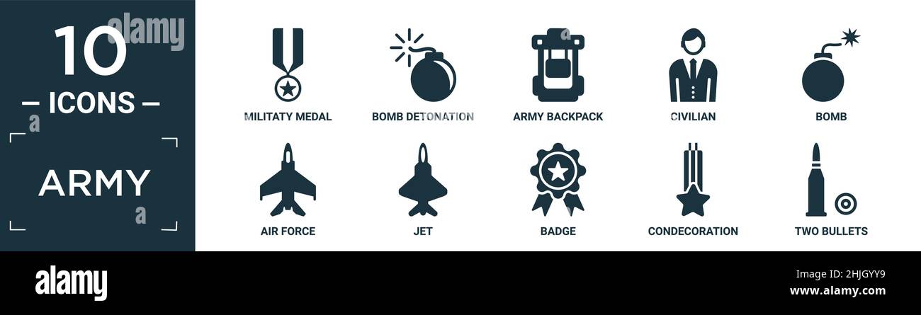 Gefüllte Armee-Symbol-Set. Enthalten flache militaty Medaille, Bombenexplosion, Armee Rucksack, Zivil, Bombe, Luftwaffe, Jet, Abzeichen, Kondeko, zwei Kugeln i Stock Vektor