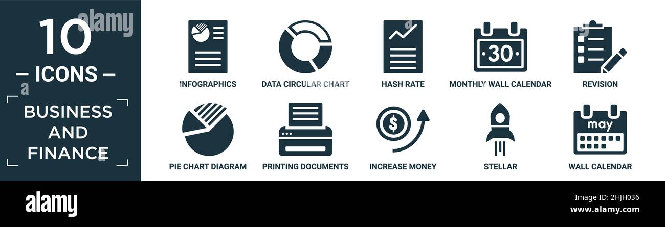 Gefüllte Geschäfts- und Finanzsymbole. Enthalten flache Infografiken, Daten-Runddiagramm, Hash-Rate, monatlichen Wandkalender, Revision, Kreisdiagramm, p Stock Vektor