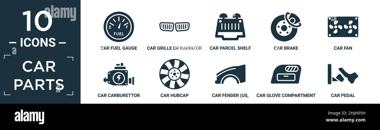 Gefüllte Autoteile Icon-Set. Enthalten flache Auto Hardtop, Auto