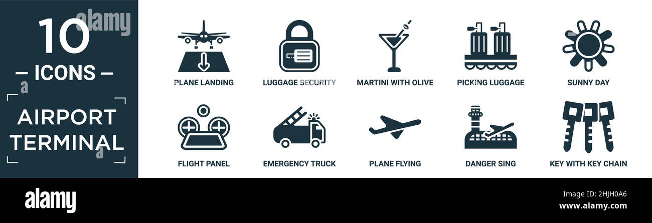 Gefüllte Flughafen-Terminal-Symbol-Set. Enthalten flache Landung, Gepäcksicherheit, martini mit Oliven, Kommissionierung Gepäck, Sonnentag, Flight Panel, Emergenc Stock Vektor