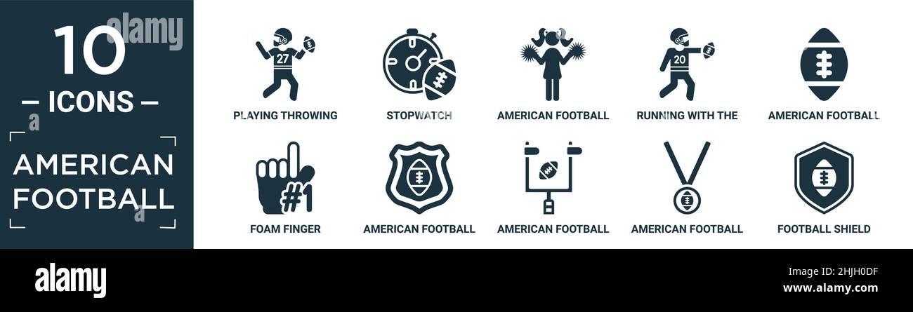 Gefüllte american Football Icon Set. Enthalten flach spielen werfen den Ball in der Hand, Stoppuhr, american Football Cheerleader springen, läuft mit dem Stock Vektor