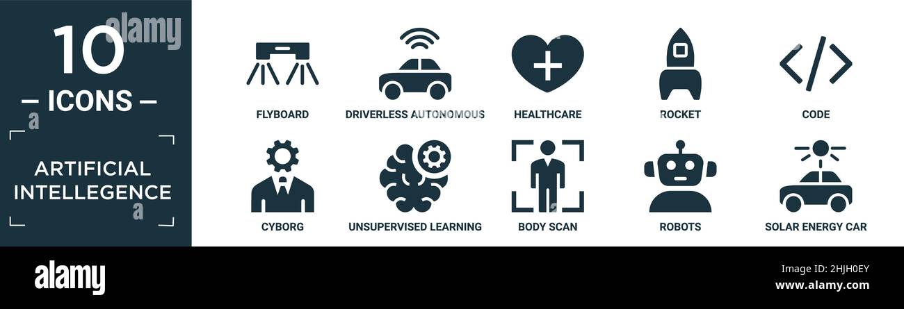 Gefüllte künstliche Intellegence Icon-Set. Enthalten flache Flyboard, fahrerlose autonomes Auto, Gesundheit, Rakete, Code, cyborg, unbeaufsichtigtes Lernen, bo Stock Vektor