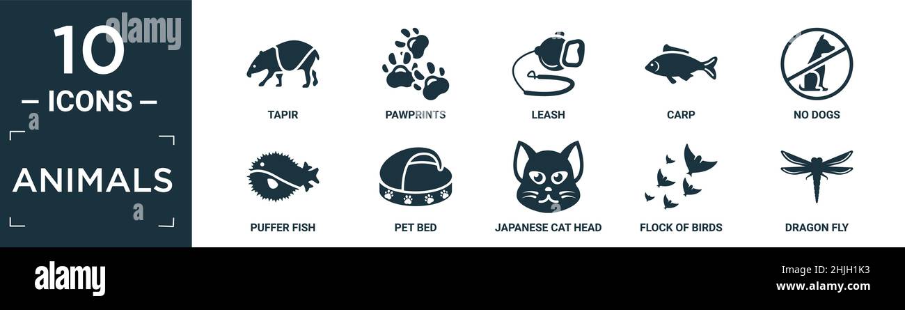 Gefüllte Tiere Icon Set. Enthalten flache Tapir, Pfanddrucke, Leine, Karpfen, keine Hunde, Kugelfisch, Tierbett, japanischer Katzenkopf, Vogelschwarm, Drachenfliegensymbol Stock Vektor