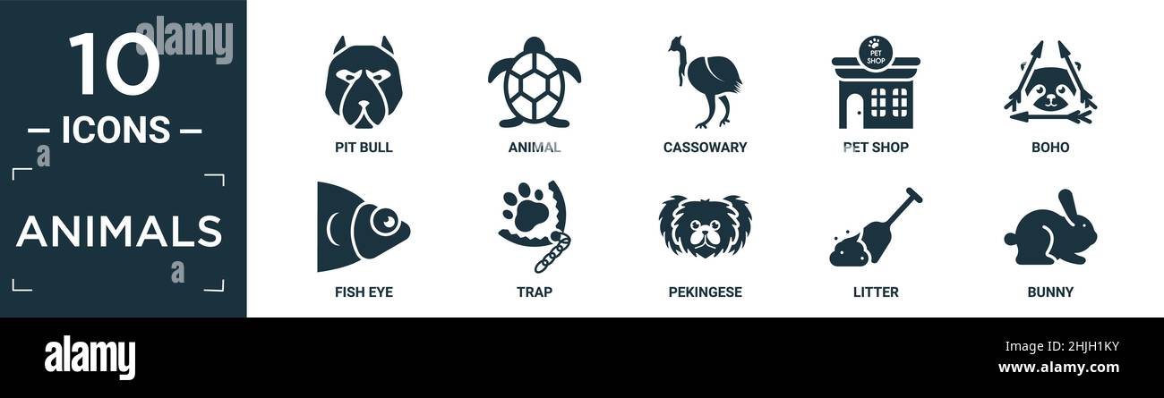 Gefüllte Tiere Icon-Set. Enthalten flache Grube Stier, Tier, Southowary, Tierhandlung, Boho, Fischauge, Falle, pekingese, Wurf, Hase Symbole in editierbarem Format. Stock Vektor