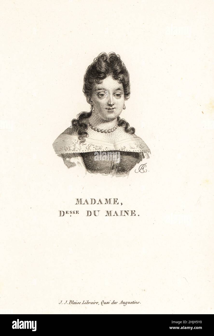 Anne Louise Benedicte de Bourbon, 1676-1753. Ein Tochter die Henri Jules de Bourbon und Anne Henriette von Bayern. Sie hielt einen beliebten Salon im Hotel du Maine. Madame la Duchesse du Maine. Kupferstich von AC aus der Sammlung des Vingt Portraits du Siecle de Louis XIV von Marie de Rabutin-Chantal Sevigne, Sammlung von 20 Porträts des Jahrhunderts von König Ludwig XIV., J.J. Blaise, Libraire, Quai des Augustins, Paris, 1818. Stockfoto