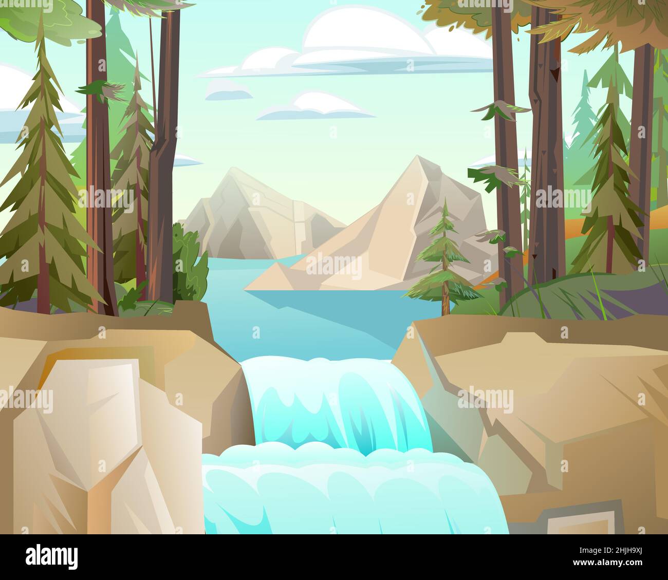 Nördliche Landschaft mit Wasserfall zwischen Felsen. Kaskade schimmert nach unten. Fließendes Wasser. Schöner Cartoon-Stil. Flaches Design. Vektor. Stock Vektor