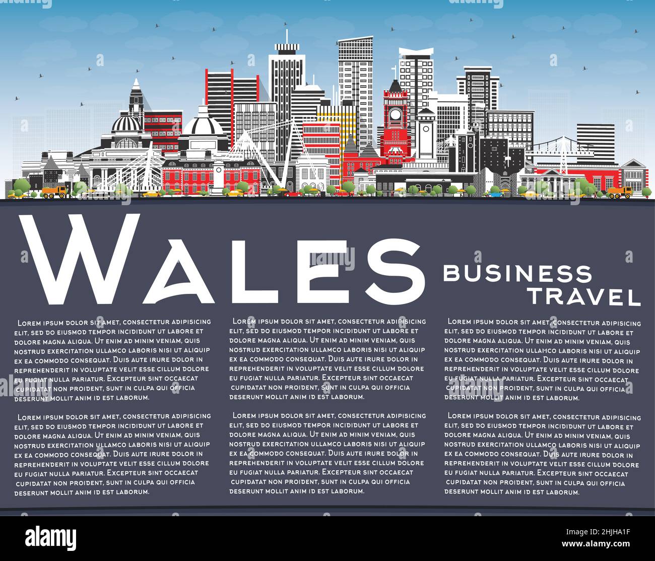 Skyline von Wales City mit grauen Gebäuden, blauem Himmel und Kopierraum. Vektorgrafik. Konzept mit historischer Architektur. Stadtbild Von Wales. Stock Vektor