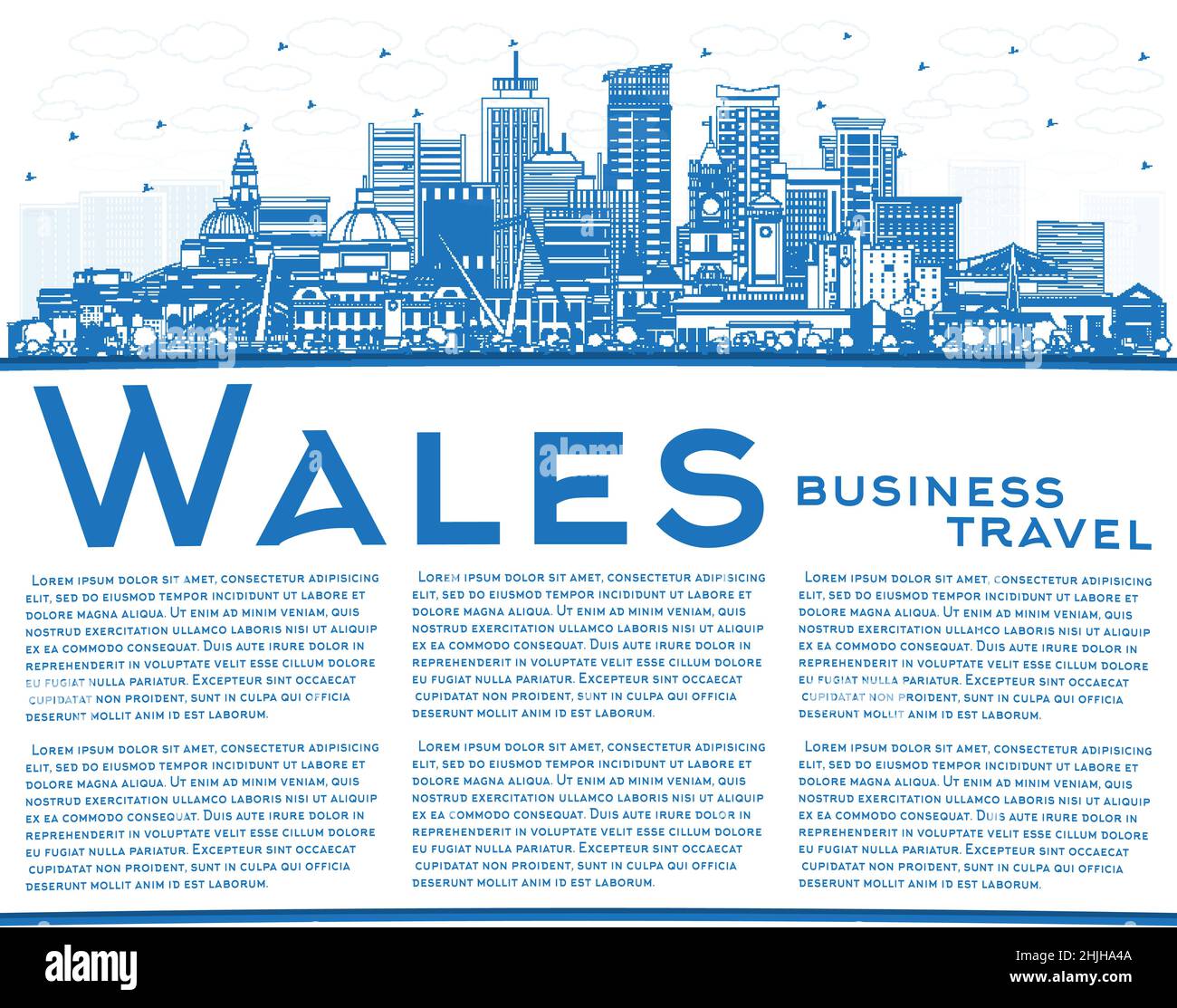 Skizzieren Sie die Skyline von Wales City mit blauen Gebäuden und Kopierflächen. Vektorgrafik. Konzept mit historischer Architektur. Stadtbild Von Wales. Stock Vektor