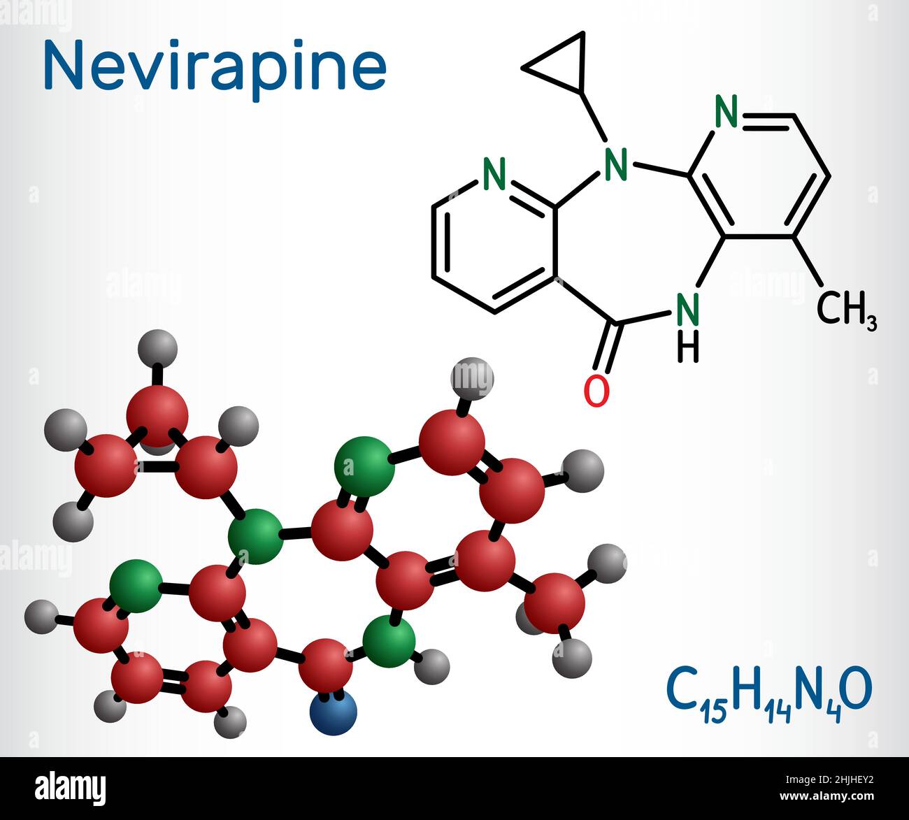 Nevirapineе-Molekül. Es wird zur Behandlung von Infektionen mit dem humanen Immunschwächevirus (HIV) und dem erworbenen Immunschwächesyndrom (AIDS) verwendet. Bauliche Chem Stock Vektor