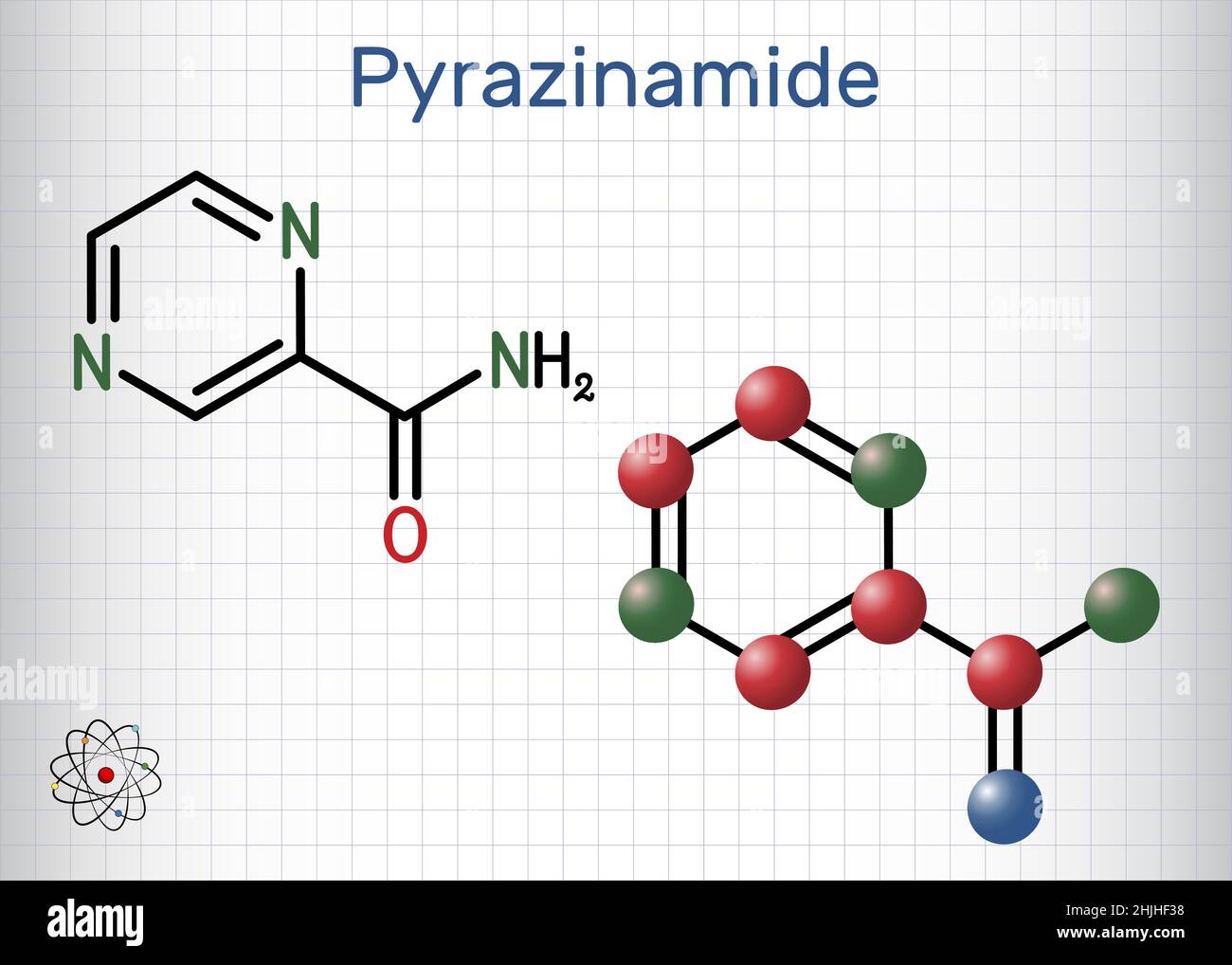 Pyrazinamid, Molekül. Es handelt sich um ein Tuberkulosemittel, das als Bestandteil der Tuberkulose-Behandlung (TB) verwendet wird. Strukturelle chemische Formel und Molekülmodus Stock Vektor