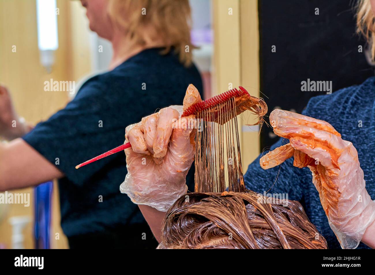 Der Prozess des Malens von Frauenhaaren in einem Friseurladen aus nächster Nähe Stockfoto