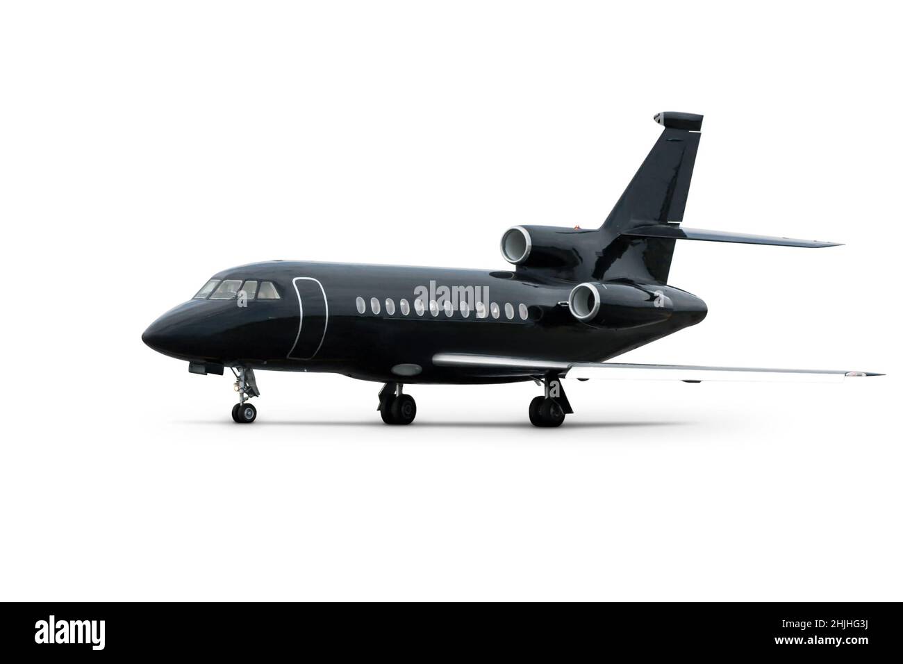 Moderner, schwarzer Executive-Business-Jet auf weißem Hintergrund isoliert Stockfoto