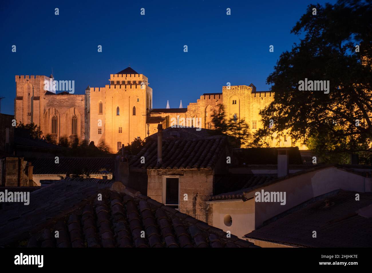 Panoramablick auf den Papstpalast in Avignon, Frankreich bei Sonnenuntergang Stockfoto