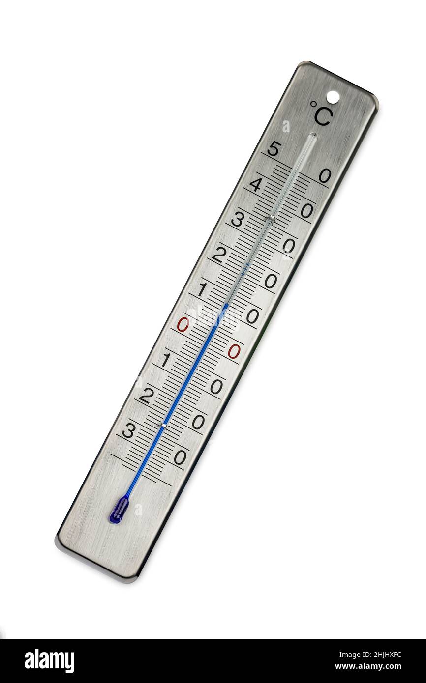 Temperaturthermometer mit Celsius-Skala isoliert auf weißem Hintergrund, Studioaufnahme Stockfoto