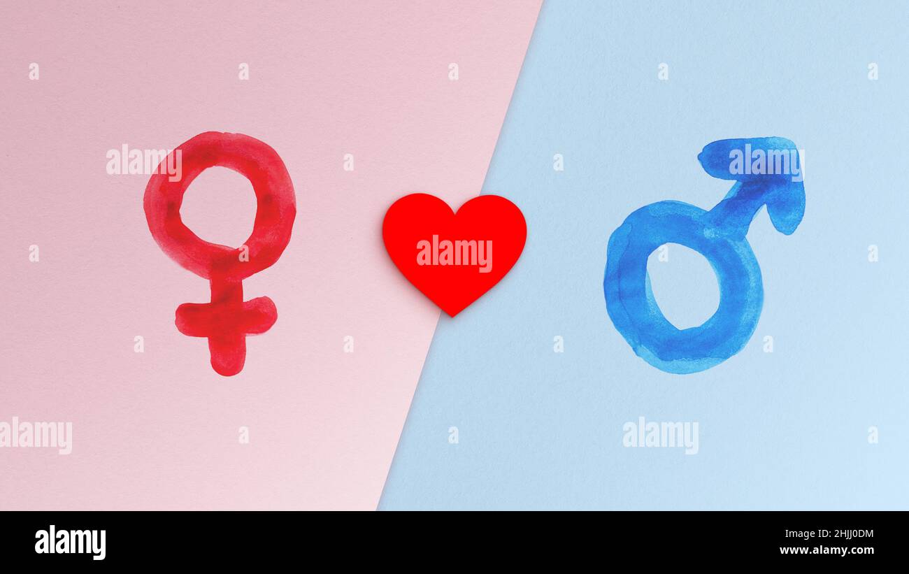 Rotes weibliches Symbol, Herz und blaues männliches Gendersymbol auf hellrosa und blauen Papieren. Konzeptdarstellung von heterosexueller Beziehung, Romantik und Liebe. Stockfoto