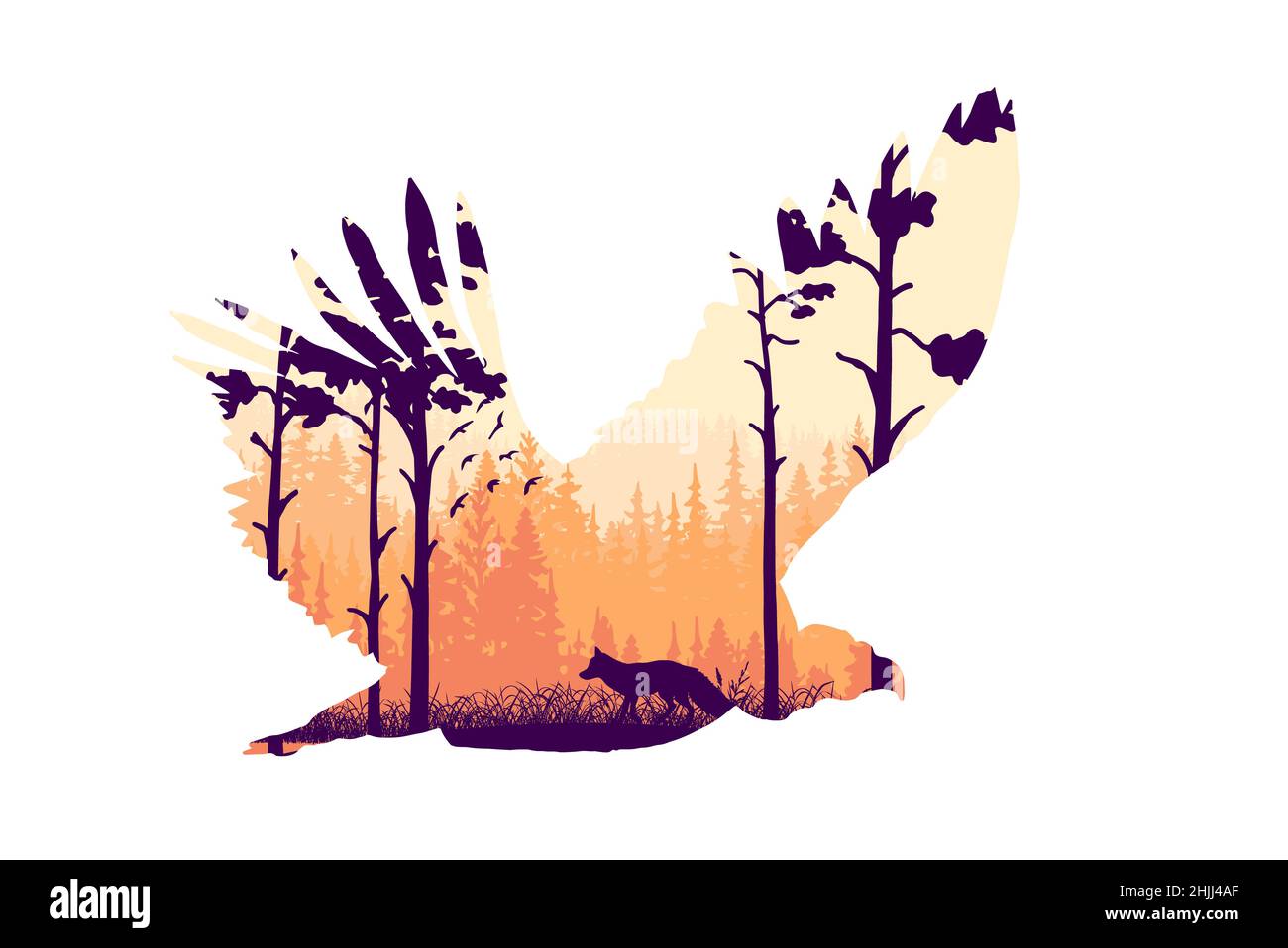 Magischer Nebelwald in der Silhouette eines Geier-Raubtiers. Bäume, Fuchs auf Wiese im Gras, Vögel. Orange und violette Wildlandschaft Illustration. Greifvögel Stockfoto