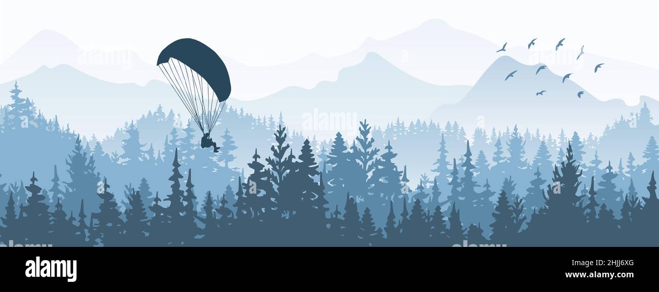 Horizontales Banner. Magische neblige Landschaft mit Gleitschirm und Vögeln. Silhouetten von Bäumen und Bergen. Blaue Abbildung. Stock Vektor