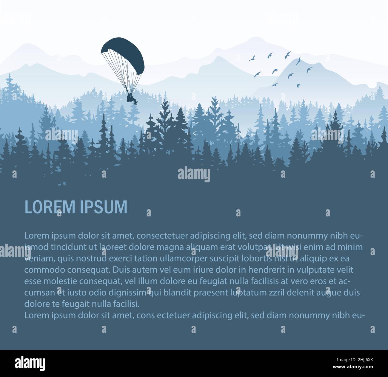 Silhouette der Landschaft mit Gleitschirm. Horizontale Karte mit Text. Blaue Vektorgrafik, Wald, Berge. Stock Vektor